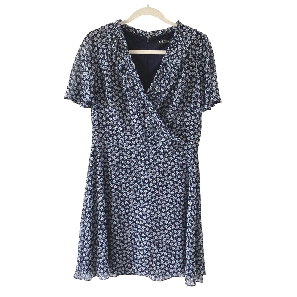 Lauren Ralph Lauren Navy Blue Floral Ruffle V-Neck Flutter Sleeve Dress Size 8